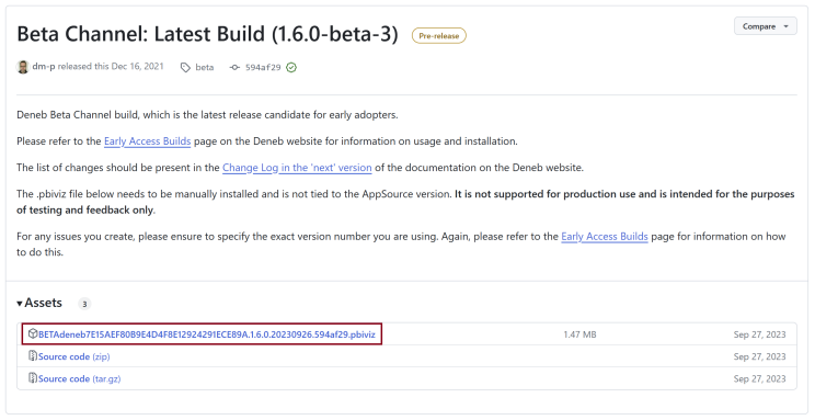Страница бета-выпуска GitHub с файлом визуального элемента Power BI (.pbiviz). В репозитории GitHub есть страница бета-выпуска, где можно скачать файл визуального элемента Power BI (.pbiviz) последней бета-версии.