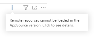 Если спецификация содержит URL удалённых ресурсов, версия из AppSource (сертифицированная) показывает предупреждение в заголовке визуала о невозможности их загрузки. Если спецификация содержит URL удалённых ресурсов, версия из AppSource (сертифицированная) показывает предупреждение в заголовке визуала о невозможности их загрузки.
