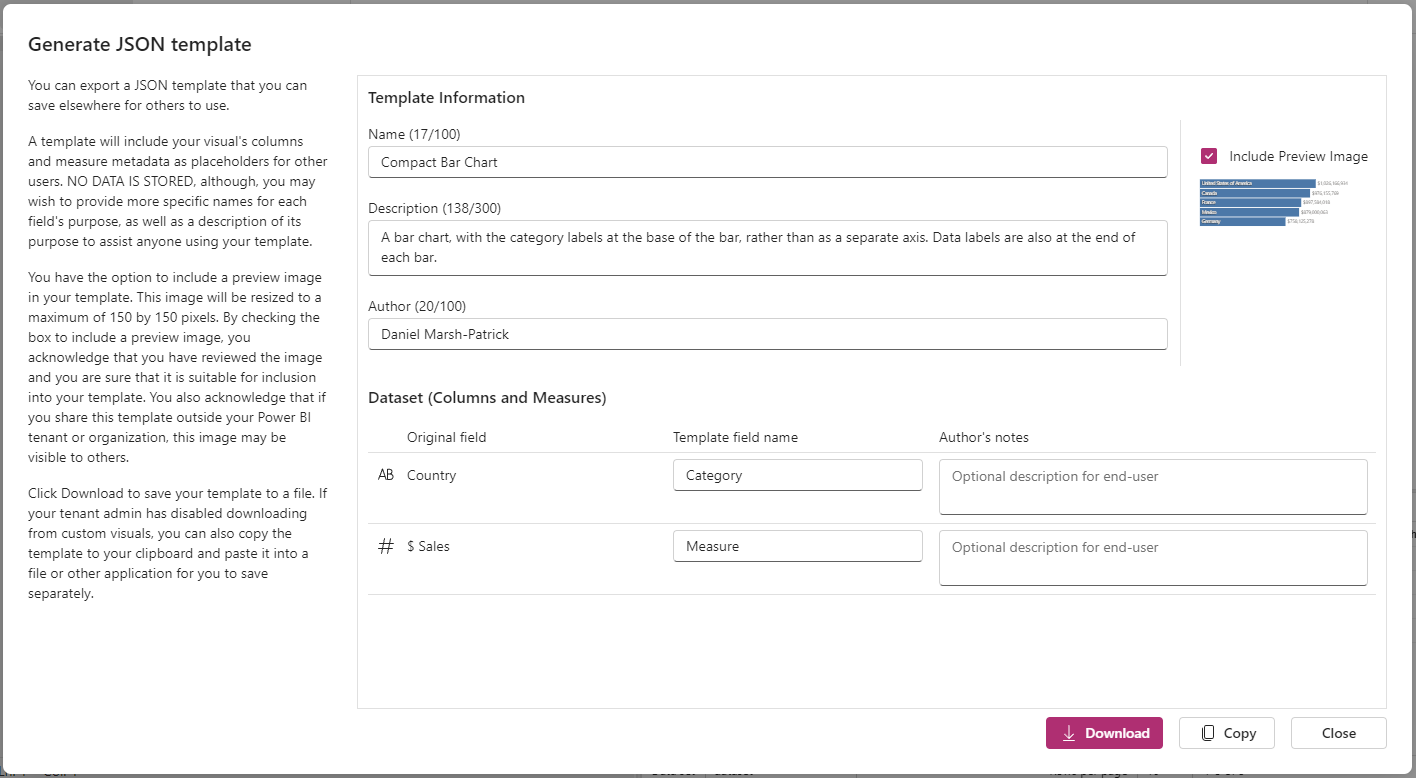 Обновлённый диалог экспорта шаблона Диалог Generate JSON template объединён в одну панель и позволяет скачать шаблон непосредственно в файл, если это разрешил администратор.