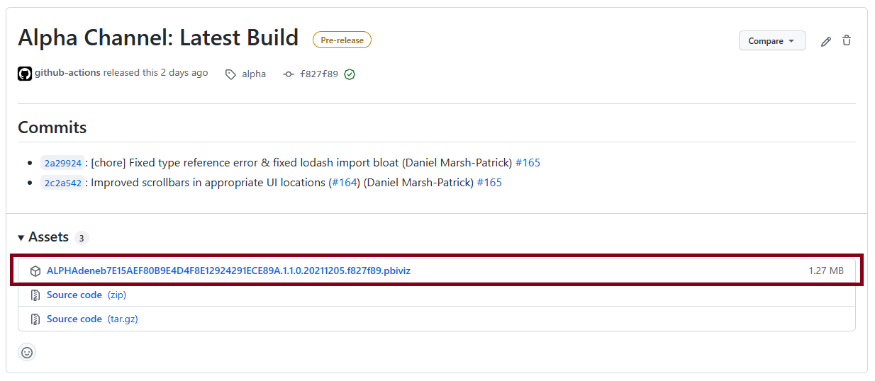 Страница выпуска Alpha и список файлов Assets Пример страницы выпуска Deneb Alpha на GitHub. Последний файл .pbiviz доступен в списке Assets внизу.