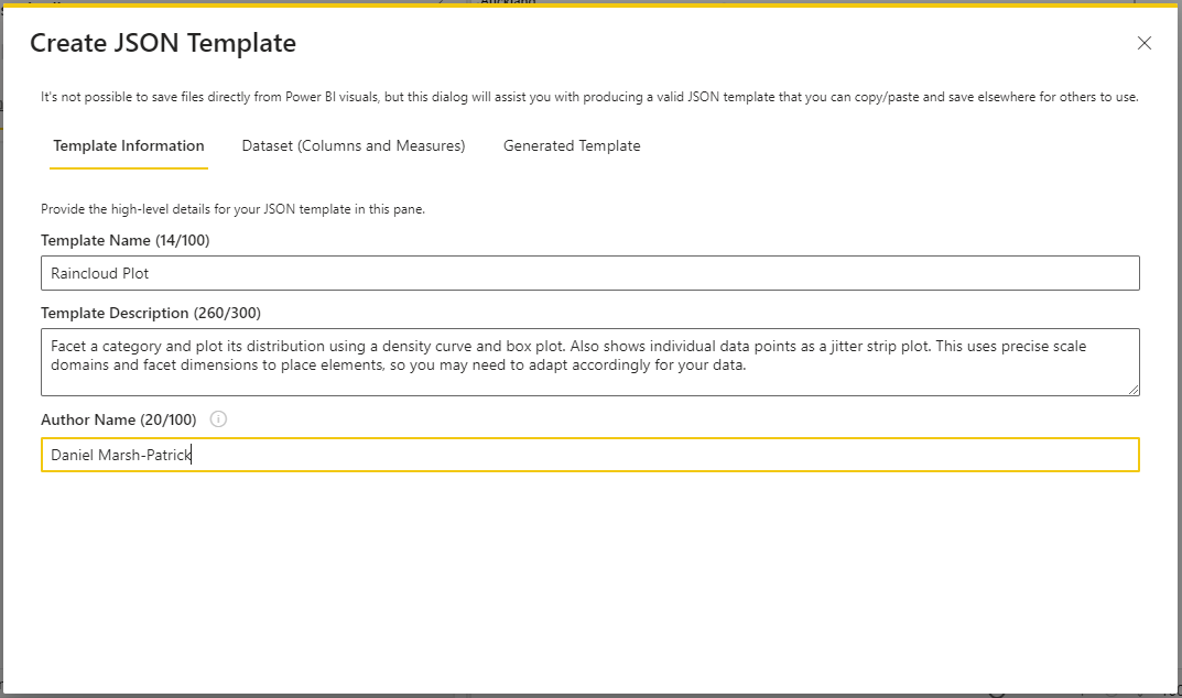 Диалог Generate JSON Template позволяет создать и настроить вариант спецификации для передачи другим пользователям. Заполнение сведений о шаблоне