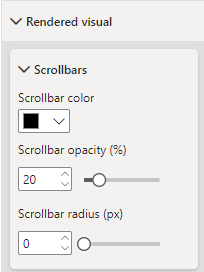 Карточка Scrollbars в меню Rendered visual панели форматирования Power BI позволяет настроить оформление полос прокрутки. Настройки полос прокрутки
