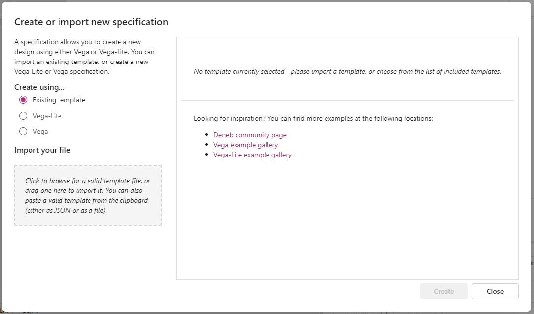 Пункт Import Template находится в диалоге Create New Specification расширенного редактора Deneb. Импорт шаблона в диалоге создания спецификации