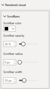 Карточка Scrollbars в меню Rendered visual панели форматирования Power BI позволяет настроить оформление полос прокрутки. Настройки полос прокрутки